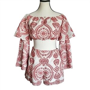 FASHION NOVA Red White Embroidered Cherry Girl Ruffle Top/Short Set Size Small